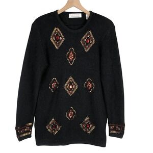 VTG KAREN SCOTT Silk Angora Lambswool Beaded Sweater‎ Women's Sz M Black Retro